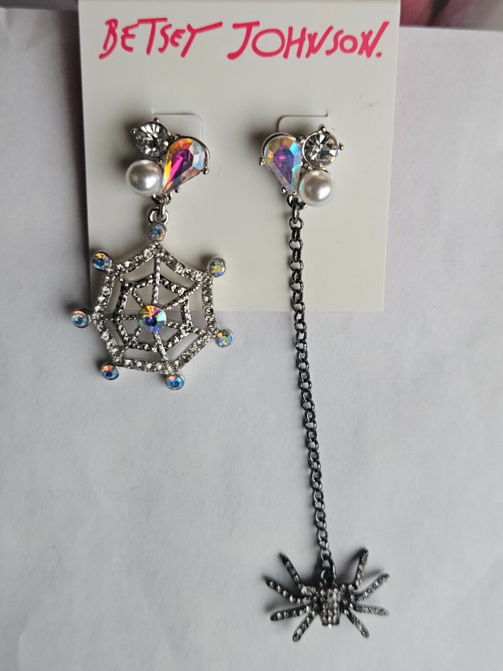Betsey Johnson Spider & Web Rhinestone Earrings